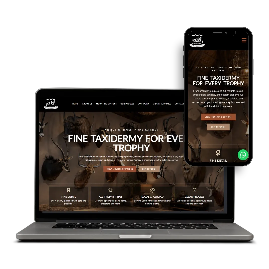Cradle of Man Taxidermy website designed by X3WEB
